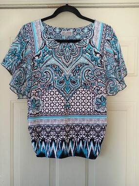 JM Collection Blue Paisley Flutter-Sleeve Blouse Size PS